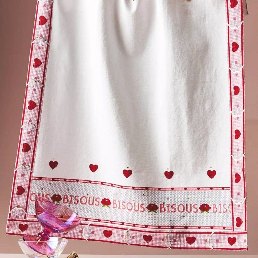 Anthropologie Bistro Tile Valentine's Dishtowel Red White Gold Hearts New